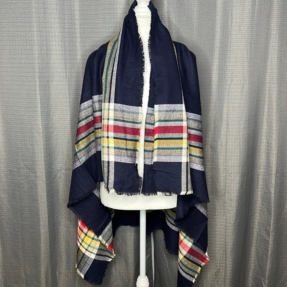 GAP BLUE AND PLAID BLANKET SHAWL WRAP - Picture 1 of 6